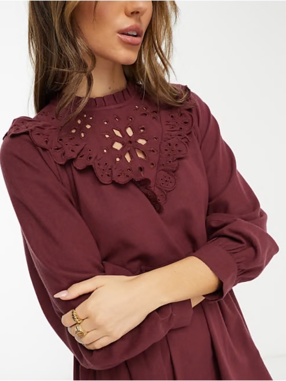 Madewell Embroidered Flannel Ruffle Eyelet Yoke Long Sleeve Mini Dress